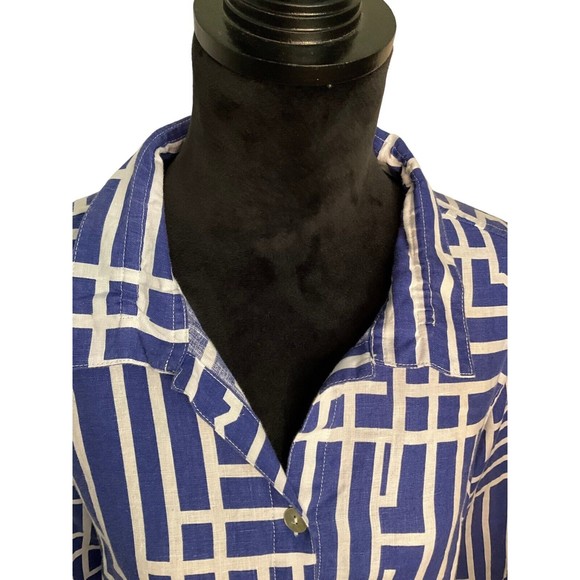 JOHN MARK TOP SIZE L BLUE GEOMETRIC DESIGN 100% LINEN - Picture 2 of 3